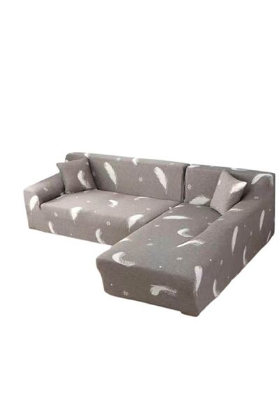 OEM Elastic Slipcover for L-Shaped Sofa, Comfort, Elastane, 145x185cm/185x230cm, Feather Print, Gray-Whi