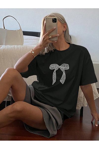 Pink Sky Unisex βαμβακερό μαύρο oversize "Δώρο" με στάμπα με λαιμόκοψη άνετο καθημερινό μπλουζάκι