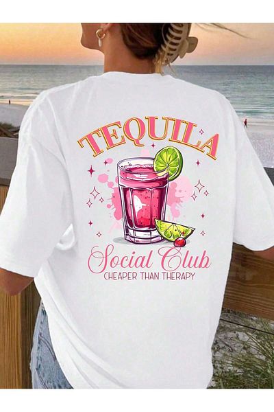LUNAVISTA Women's casual loose short sleeve crew neck logo beverage b Printed t-shirt