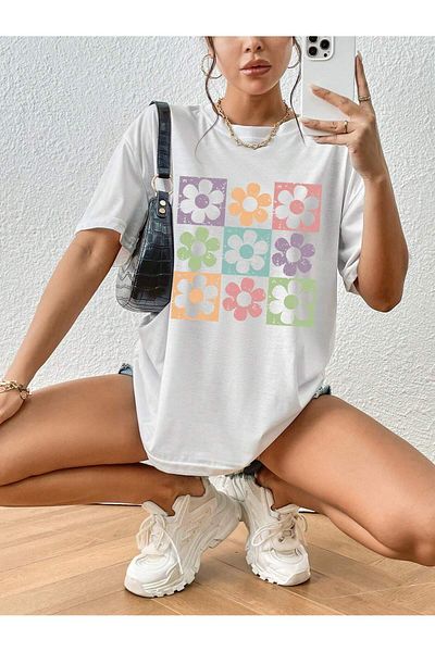 Pink Sky Unisex βαμβακερό λευκό oversize "Flower" με στάμπα με λαιμόκοψη άνετο καθημερινό μπλουζάκι