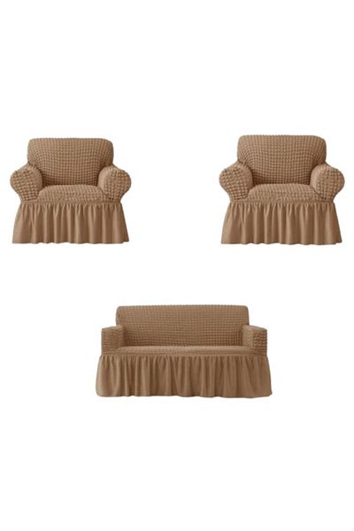 OEM Set 3 Huse, 2 Fotolii si Canapea 3 Locuri, Creponat cu Volanase, Poliester cu Licra, Cafea cu Lapte