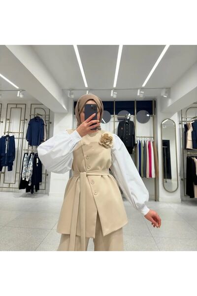 MODA TAY ÇİÇEK DETAYLI YELEKLİ TAKIM