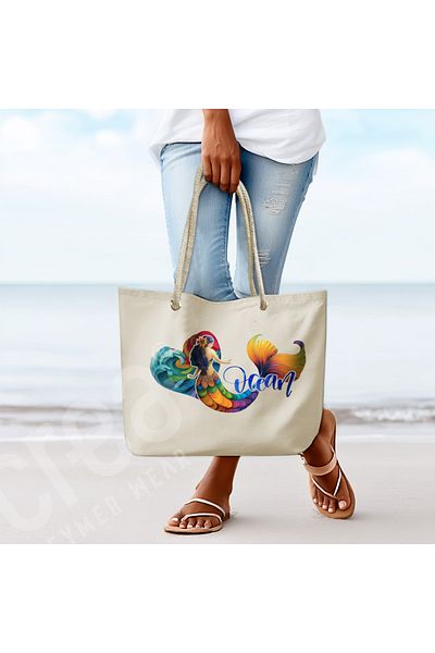 Crea Eymer Wear Τσάντα παραλίας Mermaid Βαμβακερό καλοκαιρινό σχέδιο