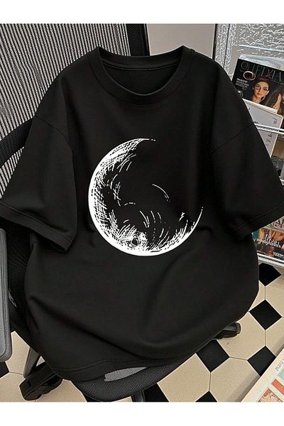Pink Sky Unisex βαμβακερό μαύρο oversize "AY" με στάμπα με λαιμόκοψη άνετο καθημερινό μπλουζάκι