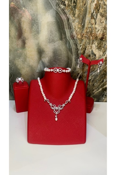 TRİA SİLVER Gerçek İnci Taşlı Kalp Detaylı 925 Ayar Gümüş Kolye Küpe Yüzük Bi...