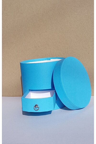 KERİBOX MAVİ ÇEKMEÇELİ SİLİNDİR KUTU ÇAP: 18 CM YÜKSEKLİK 17 CM