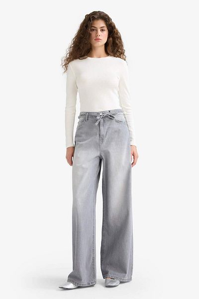 DeFacto Wide Leg High Waist Long Jean Washed Trousers E9116Ax25Au
