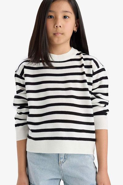 DeFacto Girls' Standard Fit Crew Neck Striped Sweater Sweater C6903A825Au