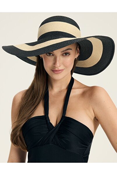 ESOTIQ Pălărie de vară din paie pentru femei, mare, țesută, rotundă, cu dungi...