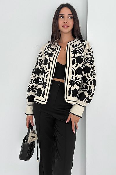 FEMELLE Jachetă elegantă cu mânecă lungă brodata cu model de flori negru bej pentru femei