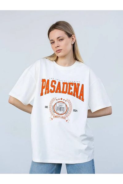 Pink Sky Unisex βαμβακερό λευκό oversize "Pasadena" με στάμπα με λαιμόκοψη άνετο καθημερινό μπλουζάκι