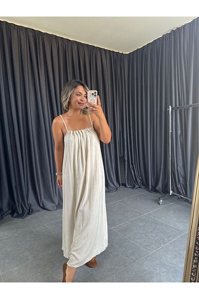 BÜŞRA PERKER Beaded Detailed Strap Linen Dress