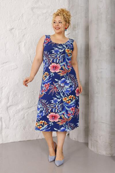 Madwilo Rochie de damă, albastru bleumarin, roz, cu model tropical, cu bretel...