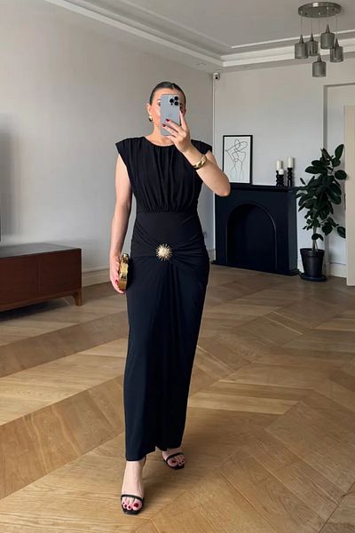 Tuba Butik Zero Sleeve Gather Detailed Long Dress