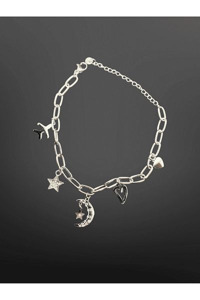 FM Silver Color Charm Figured 316L Steel Chain Bracelet |   Stylish Design with Moon, Star and Heart Detail