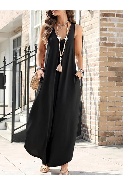 JANES Women's Strap Round Neck Pocket Casual Viscose Jumpsuit – Summer Comfortable and Stylish Design