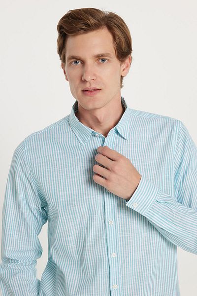 Tudors Ανδρικό Slim Fit Slim Fit με κουμπιά Αθλητικό πέτο με λινό εφέ 100% βαμβακερό ριγέ καλοκαιρινό πράσινο πουκάμισο