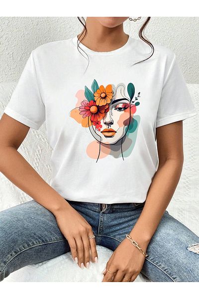 Pink Sky Cotton White Oversize T-Shirt Blooming Skylight Printed Casual Daily T-Shirt