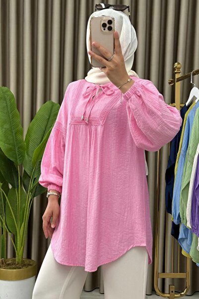 Mercan ŞURA GÖMLEK Pembe Bağcıklı Tesettür Giyim Gömlek Çilek Kumaş Günlük Rahat Kesim