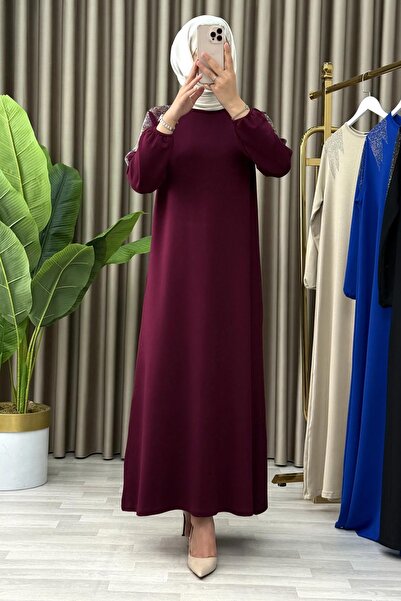 Mercan Omzu Taş Detaylı, Kristal Kumaş, Şık Elbise, Bordo, EFRUZ ELBİSE