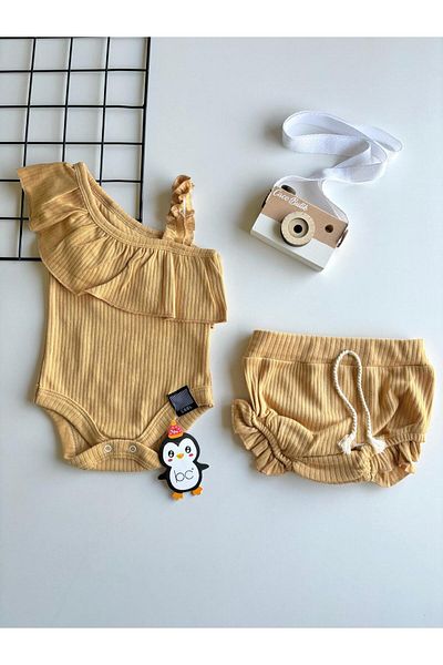 cacobutik Baby Girl Ribbed Shorts Bodysuit Mustard