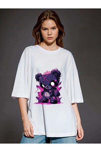 Pink Sky Unisex βαμβακερό λευκό oversize με στάμπα "Pink Angry Bear" με λαιμόκοψη, άνετο καθημερινό μπλουζάκι