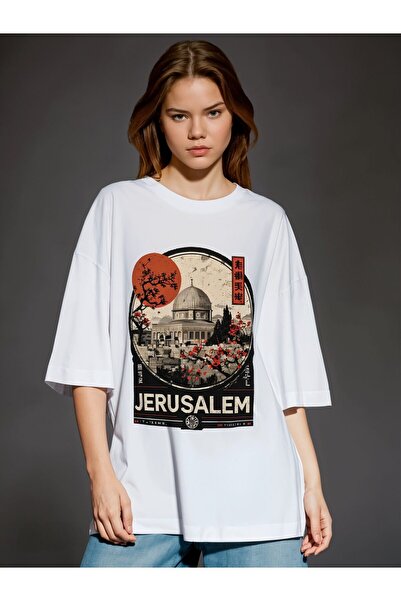 Pink Sky Unisex βαμβακερό λευκό oversize "Kuds" με στάμπα με λαιμόκοψη, άνετο καθημερινό μπλουζάκι