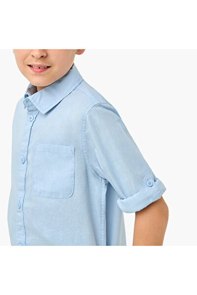 Juniors Solid Shirt with Long Sleeves and Chest Pocket