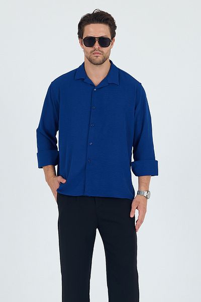 Trn JNS Ανδρικό πουκάμισο με υφή Navy Blue Summer Oversize