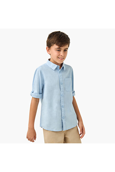 Juniors Solid Shirt with Long Sleeves and Chest Pocket
