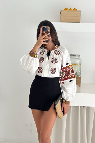 FEMELLE Women's White Ethnic Pattern Lace-Up Collar Bohemian Style Long Sleeve Embroidery Embroidered Cotton Blouse