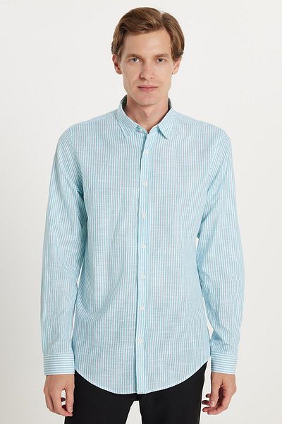 Tudors Ανδρικό Slim Fit Slim Fit με κουμπιά Αθλητικό πέτο με λινό εφέ 100% βαμβακερό ριγέ καλοκαιρινό πράσινο πουκάμισο