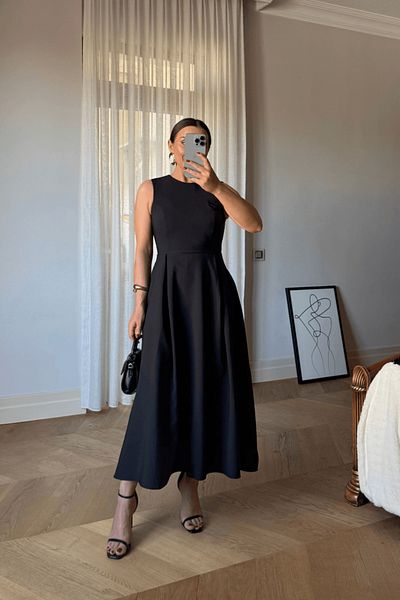 Tuba Butik Thick Strap Midi Flared Dress