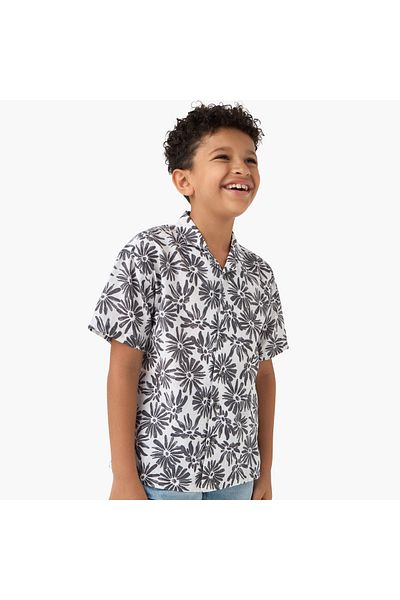 Juniors All-Over Floral Print Shirt with Camp Collar and Short Sleeves