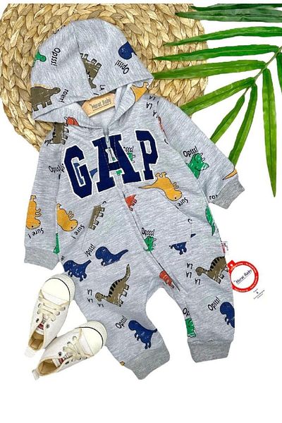 cacobutik Unisex Baby Hooded Dinosaur Printed Jumpsuit Gray