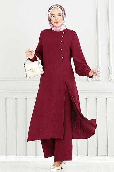 ModaMerve Accesorii Set Hijab cu nasturi 2664SL890-M Roșu Claret