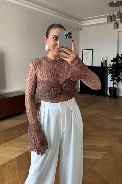 Tuba Butik Long Sleeve See-Through Lace Blouse