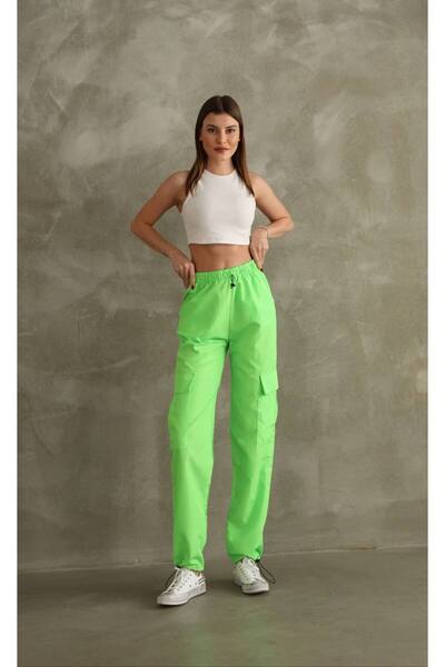 SHEZAN MODA Women's Green High Waist Cargo Pocket Leg Buckle Elastic Parachut...