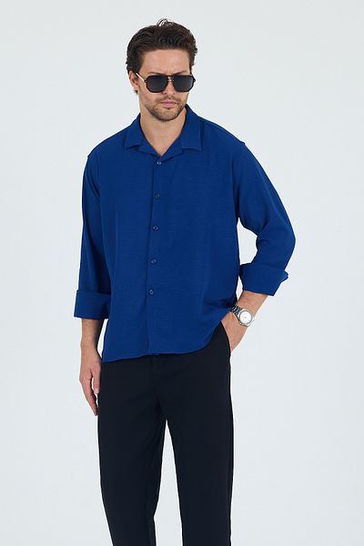 Trn JNS Мъжка риза Parliament Blue Linen Textured Oversize с лятна принтирана форма