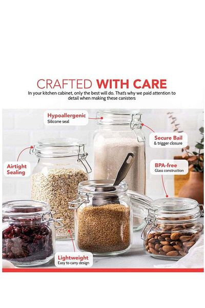 COOYA 5Pcs Glass Jars with Lids,Food Storage Jars with Airtight Lids,Leak Proof Glass Canister,Kitchen Jar