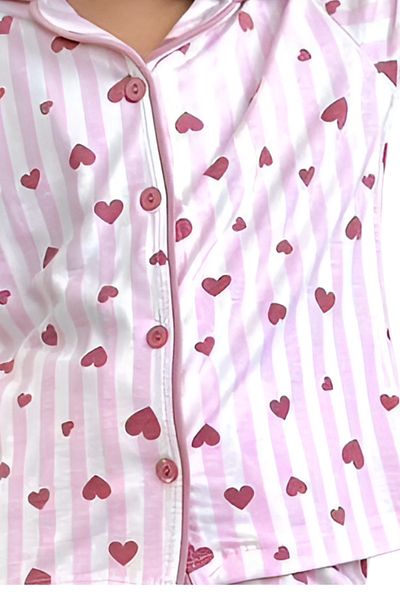 Zekalya Heart Pattern Pink Striped Shirt Collar Girls Pajamas Set