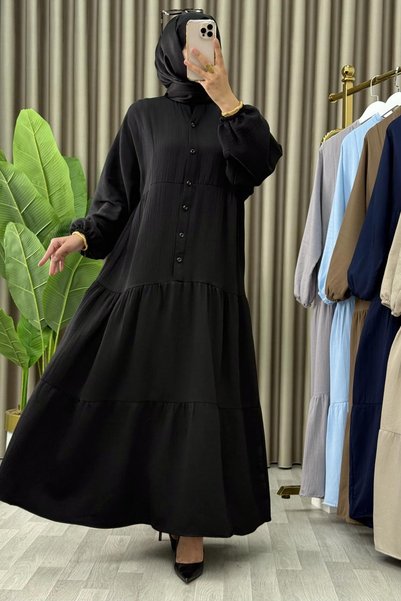 Generic Brand Rochie SALIHA din muselină, țesătură cu căpșuni, pentru femei, neagră, cu nasturi, mâneci elastice, croială largă
