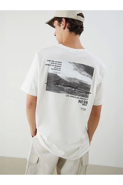 LC Waikiki Ανδρικό μπλουζάκι XSIDE Ecru Crew Neck με στάμπα χτενισμένο βαμβακερό