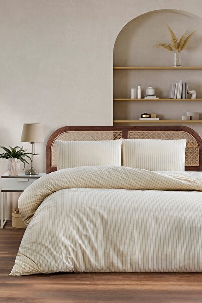 LaLiva طقم غطاء لحاف مخطط مزدوج مع شرائط مطاطية طبيعي - بيج