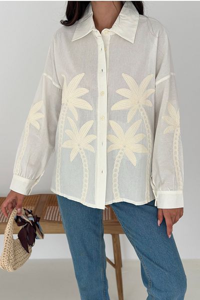 FEMELLE Women's Off Shoulder Palm Pattern Embroidery Embroidered Long Sleeve Cotton Shirt