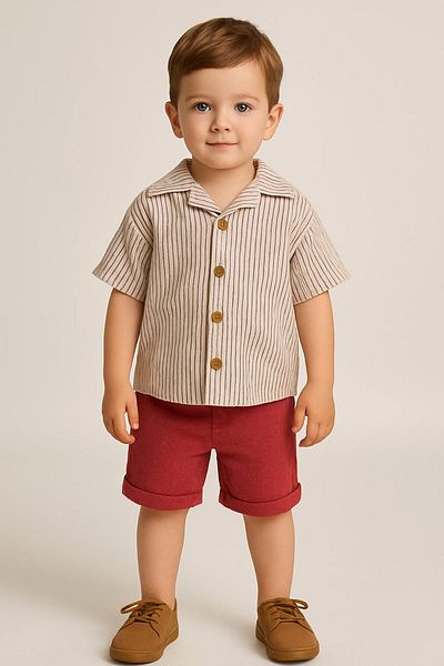 Minigimin Cicileri Little Boy's 2-Piece Comfortable Suit with Striped Shirt - Claret Red