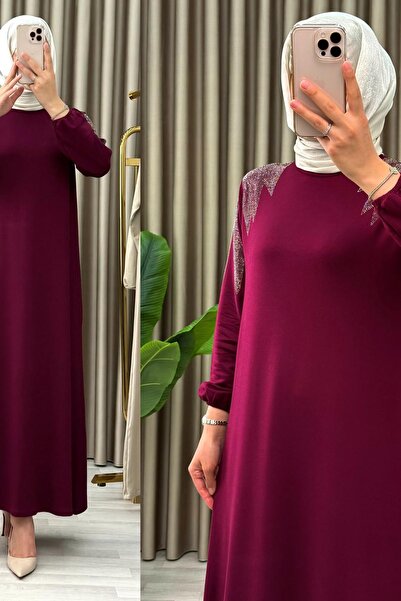 Mercan Omzu Taş Detaylı, Kristal Kumaş, Şık Elbise, Bordo, EFRUZ ELBİSE