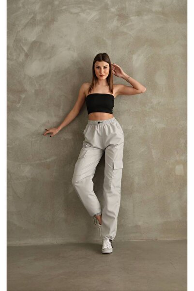 SHEZAN MODA Women's Gray High Waist Cargo Pocket Leg Buckle Elastic Parachute...