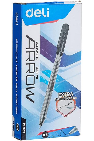 Deli Arrow EQ00820, 0.5mm, Pack of 12, Smooth Ball Point Pen, Black