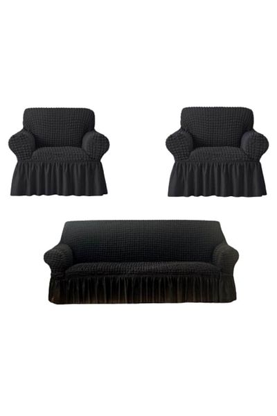 OEM Set 3 Huse, 2 Fotolii si Canapea 3 Locuri, Creponat cu Volanase, Poliester cu Licra, Gri Inchis